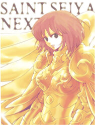  1girl armor athena_(saint_seiya) brown_hair copyright_name coronabeer gold_armor holding holding_staff kido_saori metal_wings parted_lips saint_seiya saint_seiya:_next_dimension short_hair solo staff upper_body v-shaped_eyebrows 
