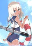  1girl ass blonde_hair blue_eyes crop_top flower from_behind hair_flower hair_ornament k_yukihiko kantai_collection lifebuoy long_hair ro-500_(kantai_collection) sailor_collar school_swimsuit swimsuit swimsuit_under_clothes tan tanline torpedo wading water wet 