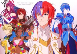  alfred_(fire_emblem) anniversary blonde_hair blue_eyes blue_hair commentary_request crossed_bangs dark-skinned_female dark_skin diamant_(fire_emblem) fire_emblem fire_emblem_engage hair_between_eyes heterochromia highres ivy_(fire_emblem) jupiter_(042073) looking_at_viewer male_alear_(fire_emblem) marth_(fire_emblem) multicolored_hair pearl_belt pearl_hair_ornament prince princess purple_hair red_eyes red_hair split-color_hair timerra_(fire_emblem) two-tone_hair very_dark_skin 