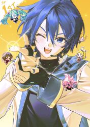  2boys 4girls absurdres aqua_hair beret_cj blonde_hair blue_eyes blue_hair blue_nails blue_scarf brown_hair chibi coat hair_ornament hatsune_miku hatsune_miku_(sp) headphones headset highres kagamine_len kagamine_len_(sp) kagamine_rin kagamine_rin_(sp) kaito kaito_(sp)_(vocaloid) kaito_(vocaloid) long_hair looking_at_viewer male_focus megurine_luka megurine_luka_(sp) meiko meiko_(sp)_(vocaloid) meiko_(vocaloid) mini_person miniboy minigirl multiple_boys multiple_girls one_eye_closed open_mouth pink_hair scarf shirt short_hair skirt smile solo_focus twintails very_long_hair vocaloid white_coat 
