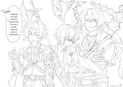  3boys a_certain_sinclair_(project_moon) aged_up aitib armor collared_shirt dated english_text gloves greyscale halberd hashtag-only_commentary highres holding limbus_company lineart long_sleeves male_focus monochrome multiple_boys n_corp._fanatic_(identity)_(project_moon) official_alternate_costume official_alternate_hairstyle pants polearm project_moon shirt short_hair shoulder_armor sinclair_(project_moon) smile sound_effects sparkle thumbs_up trembling wax_seal weapon white_background 