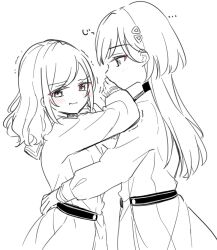  2girls 3: arms_around_waist averting_eyes blush ceras_yanagida_lilienfeld closed_mouth commentary covering_another's_mouth dress edel_note embarrassed frown greyscale hair_ornament hand_over_another's_mouth hasu_no_sora_school_uniform jellyfish_cut katsuragi_izumi link!_like!_love_live! long_hair love_live! monochrome multiple_girls pleated_dress profile sailor_collar sailor_dress school_uniform shiro_(white_2530) simple_background spot_color staring triangle_hair_ornament turtleneck virtual_youtuber white_background winter_uniform yuri 