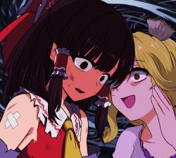  2girls @_@ absurdres ascot blonde_hair bow brown_hair commentary_request dress frilled_bow frilled_hair_tubes frills hair_bow hair_ornament hair_tubes hakurei_reimu highres long_hair monadmandara multiple_girls open_mouth orange_eyes red_bow red_eyes shell shell_hair_ornament smile sweat touhou watari_nina white_dress yellow_ascot 