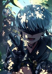  1boy 1girl 2b_(nier:automata) 9s_(nier:automata) black_boots black_choker black_dress black_gloves black_jacket blindfold blue_sky boots choker cleavage_cutout closed_mouth clothing_cutout commentary_request dappled_sunlight day dress facing_viewer feet_out_of_frame gloves grey_hair highres jacket juliet_sleeves long_sleeves lower_teeth_only mole mole_under_mouth nier:automata nier_(series) open_mouth outdoors puffy_sleeves short_hair sky squatting standing sunlight taigaai4649 teeth thigh-highs thigh_boots thighhighs_under_boots tree v 