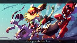  bandana basculegion basculegion_(female) blonde_hair claws closed_mouth commentary_request ewokakukaede fangs green_bandana highres hisuian_decidueye holding holding_poke_ball kleavor open_mouth origin_ball poke_ball pokemon pokemon_(creature) pokemon_legends:_arceus pokemon_team red_eyes scizor sneasler white_eyes yanmega yellow_eyes yellow_pupils 