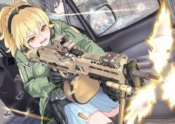  2boys 2girls black_gloves black_hair blonde_hair blue_skirt breasts broken_glass bullet_hole casing_ejection commentary_request ear_protection eotech firing glass gloves green_jacket gun hair_between_eyes handgun holding holding_gun holding_weapon holstered jacket kac_lamg large_breasts laser_sight light_machine_gun machine_gun microphone multiple_boys multiple_girls muzzle_flash open_mouth original pleated_skirt seiryouinryousui shell_casing skirt v-shaped_eyebrows violet_eyes weapon yellow_eyes 