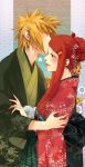  1boy 1girl blonde_hair closed_eyes couple forehead_kiss hetero hinell japanese_clothes kimono kiss long_hair namikaze_minato naruto redhead spiky_hair uzumaki_kushina 