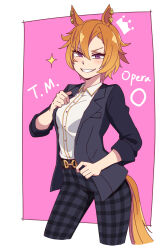  1girl animal_ear_piercing animal_ears black_jacket black_pants border character_name commentary drawn_crown galois hair_between_eyes highres horse_ears horse_girl horse_tail jacket looking_at_viewer outside_border pants pink_background red_hair shirt short_hair smile solo standing t.m._opera_o_(casual)_(umamusume) t.m._opera_o_(umamusume) tail umamusume violet_eyes white_border white_shirt 