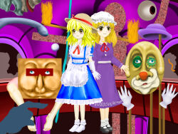  2girls apron blonde_hair blue_dress blush_stickers commentary_request dress elbow_gloves gloves hat kams kana_anaberal maribel_hearn mob_cap multiple_girls purple_dress socks standing surreal touhou white_apron white_gloves white_socks yellow_eyes zun_(style) 