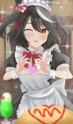  1girl ahoge animal_ears apron black_dress black_hair blush bow bowtie breasts cup dress food hair_between_eyes heart heart_hands highres horse_ears horse_girl horse_tail ketchup kitasan_black_(umamusume) looking_at_viewer maid maid_apron maid_headdress multicolored_hair multiple_girls omelet omurice one_eye_closed open_mouth red_bow red_bowtie redbean_chan short_hair short_sleeves smile solo streaked_hair tail umamusume white_apron white_headdress white_wrist_cuffs wrist_cuffs 