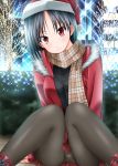  1girl black_legwear blush christmas_lights fur_trim hat highres knees_together_feet_apart looking_at_viewer original panties panties_under_pantyhose pantyhose plaid plaid_scarf santa_hat scarf short_hair sitting smile solo sparkle sumeragi_tomo tree underwear 