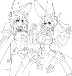  2girls :d beltbra breasts cape cleavage cleavage_cutout dress elphelt_valentine eu03 gloves guilty_gear guilty_gear_xrd hat large_breasts monochrome multiple_girls navel open_mouth ramlethal_valentine short_hair short_shorts shorts siblings simple_background sisters sketch smile under_boob white_background 