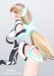  1girl akitsuchi_shien angela_balzac aqua_eyes arm_support blonde_hair bodysuit breasts character_name copyright_name cowboy_shot elbow_gloves expelled_from_paradise gloves leotard long_hair low_twintails profile solo thigh_strap twintails very_long_hair 