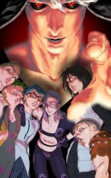  6+boys arm_around_neck black_gloves black_hair black_hat black_lips black_sclera blonde_hair blue_eyes blue_hair clenched_teeth clothing_cutout colored_sclera curly_hair domino_mask english_commentary eye_mask foreshortening formaggio ghiaccio glasses gloves green_hair grey_hair hat highres illuso jojo_no_kimyou_na_bouken lips long_hair looking_at_viewer lowpolygon male_focus mask melone multiple_boys pants parted_lips pesci pointing pointing_at_viewer prosciutto_(jojo) purple_hair purple_mask red-framed_eyewear red_eyes red_shirt risotto_nero shirt short_hair smile striped_clothes striped_pants teeth vento_aureo white_hair 