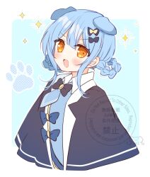  1girl :d animal_ears black_capelet blue_background blue_hair blue_necktie border braid braided_hair_rings capelet commentary_request dog_ears hair_rings kemonomimi_mode looking_at_viewer mahou_shoujo_no_majo_saiban necktie no_headwear open_mouth paw_print shikito_(yawa0w0) short_hair smile solo sparkle tachibana_sherry upper_body v-shaped_eyebrows white_border yellow_eyes 
