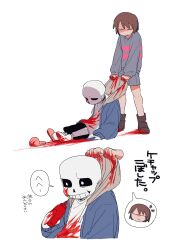  1boy 1other black_shorts blue_jacket blue_shorts blue_sweater bottle bright_pupils brown_hair closed_eyes closed_mouth commentary_request dragging frisk_(undertale) full_body grey_hoodie grin highres holding holding_bottle hollow_eyes hood hooded_jacket hoodie jacket ketchup ketchup_bottle multiple_views pink_slippers sans_(undertale) shorts skeleton slippers smile socks speech_bubble standing sweater tadeno teeth translation_request undertale utdr_(toby_fox) white_pupils white_socks 