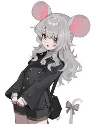  1girl absurdres alternate_costume animal_ears bag blush bow cowboy_shot derinhi1123 grey_hair handbag highres long_hair long_sleeves looking_at_viewer mouse_ears mouse_tail open_mouth original ribbon shorts solo striped_background tail tail_bow tail_ornament tail_ribbon white_background 