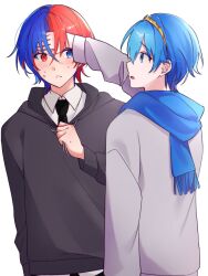  2girls 9am_104 blue_eyes blue_hair commentary_request crossed_bangs fire_emblem fire_emblem_engage hair_between_eyes heterochromia highres male_alear_(fire_emblem) male_focus marth_(fire_emblem) multicolored_hair multiple_girls red_eyes red_hair split-color_hair two-tone_hair 