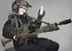  1girl alma01 black_shorts bulletproof_vest can combat_helmet commentary english_commentary gloves grey_hair grey_hoodie gun gun_sling helmet highres holding holding_can hood hoodie kac_lamg light_machine_gun looking_at_viewer machine_gun microphone monster_energy original scar scar_on_face sharp_teeth shorts solo tactical_clothes teeth violet_eyes watch watch weapon 