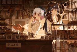  2girls absurdres alternate_costume animal artist_request bakery baseball_cap beret black_cat black_hair black_hat bottle bread brick_wall brown_hat bug cat chinese_commentary collared_shirt commentary_request commission cookie counter crossed_arms flower food gradient_hair hair_flower hair_ornament hand_up hat highres holding holding_food holding_tray indoors long_hair long_sleeves looking_at_viewer mahou_shoujo_no_majo_saiban microwave mittens multicolored_hair multiple_girls nikaido_hiro oven_mitts picture_frame pink_eyes pink_hair plant potted_plant qr_code red_eyes sakuraba_ema second-party_source shirt shop short_hair spider tiered_tray tray upper_body white_flower white_hair white_shirt x_hair_ornament 