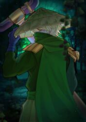  1boy adjusting_clothes adjusting_headwear animification armor blonde_hair blue_gloves chinese_commentary cloak commentary_request covered_mouth eyes_visible_through_hair forest from_behind gloves glowing glowing_eyes green_cloak green_eyes green_hakama green_mask hakama hat highres holding holding_polearm holding_weapon japanese_clothes jiechengeryin light_particles lloyd_garmadon long_sleeves looking_at_viewer looking_back male_focus mask mouth_mask nature ninjago ninjago_dragons_rising polearm prototype_design rice_hat short_hair shoulder_armor solo standing the_lego_group weapon 