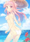  1girl :q ass back bikini breasts female flower hair_ribbon hat hat_removed headwear_removed highres horizon in_water long_hair looking_at_viewer ocean original pink_eyes pink_hair ribbon sky solo straw_hat swimsuit tongue tongue_out tunamayochan two_side_up white_bikini white_swimsuit 