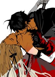  1boy 1girl araragi_koyomi black_hair blonde_hair dress feather-trimmed_dress feather-trimmed_gloves highres holding holding_sword holding_weapon kiss-shot_acerola-orion_heart-under-blade mature_female monogatari_(series) old old_woman oshino_shinobu poxiao354 red_dress sword vampire weapon 