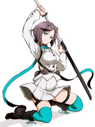  1girl 7th_dragon_(series) 7th_dragon_iii aqua_bow aqua_bowtie aqua_eyes aqua_thighhighs black_boots black_hair blazer boots bow bowtie commentary_request from_side full_body grey_hairband grey_jacket grey_skirt hairband highres jacket looking_at_viewer looking_to_the_side mifuro pleated_skirt samurai_(7th_dragon_series) short_hair simple_background skirt solo thigh-highs white_background yaiba_(7th_dragon_iii) 