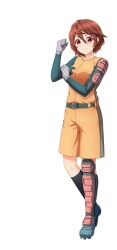  1girl arm_guards artist_request baseball_uniform belt black_thighhighs brown_hair cinderella_series closed_mouth gloves green_belt green_shirt green_shoes grey_gloves hachigatsu_no_cinderella_nine hair_between_eyes hand_on_own_arm highres looking_at_viewer official_art orange_shirt orange_shorts red_eyes serizawa_musubi shin_guards shirt shirt_under_shirt shoes short_hair shorts single_thighhigh solo sportswear thigh-highs transparent_background 