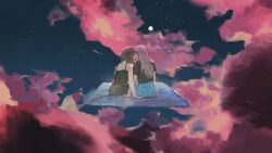  2girls above_clouds angela_he black_shirt brown_hair clouds denim from_side full_body full_moon highres jeans kiss long_hair meteor_shower missed_messages moon multiple_girls night non-web_source official_art pants pink_clouds pink_hair shirt short_hair sitting sky spaghetti_strap star_(sky) starry_sky t-shirt 