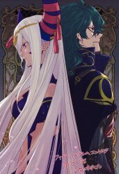  1boy 1girl asymmetrical_horns back-to-back breasts commentary_request dragon_girl face_piercing facial_tattoo fire_emblem fire_emblem_engage green_hair grey_horns griss_(fire_emblem) hair_ornament hair_over_one_eye horns konnichi_warou lip_piercing mature_female medium_breasts official_art piercing pointy_ears purple_ribbon red_eyes ribbon tassel tassel_hair_ornament tattoo translation_request uneven_horns zephia_(fire_emblem) 