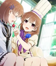  2girls :d ayanokouji_martial_arts_school_uniform blue_scrunchie blush breasts brown_hair buttons chef_hat closed_eyes couch curtains day dot_nose double-breasted feeding food_request game_cg grey_sailor_collar hair_ornament hair_scrunchie hairclip hat holding indoors lens_flare long_sleeves low_side_ponytail medium_breasts medium_hair mizushina_kinuka mizushina_waka multiple_girls official_art on_couch open_mouth patissier sailor_collar school_uniform scrunchie see-through_curtains serafuku shirt short_hair short_sleeves siblings sideways_mouth sisters sitting skirt smile teeth third-party_source toji_no_miko toji_no_miko:_kizamishi_issen_no_tomoshibi upper_teeth_only violet_eyes white_serafuku white_shirt white_skirt window yellow_hat yellow_shirt 
