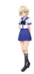  1girl arms_behind_back artist_request black_shoes black_socks blonde_hair blue_bow blue_bowtie blue_sailor_collar blue_skirt blue_trim bow bowtie cinderella_series closed_mouth green_eyes hachigatsu_no_cinderella_nine hand_on_own_arm highres kneehighs looking_at_viewer official_art sailor_collar school_uniform shiomi_nagisa shirt shoes short_hair skirt socks solo transparent_background white_shirt 