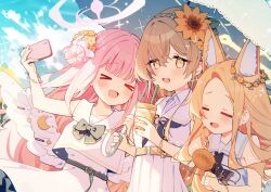  >_< 3girls :d animal_ears bare_shoulders blonde_hair blue_archive blush bow bowtie brown_hair closed_eyes commentary_request cup dress extra_ears fox_ears fox_girl green_bow green_bowtie hair_between_eyes halo hand_fan holding holding_cup kasuga_haruhi long_hair mika_(blue_archive) multiple_girls nagisa_(blue_archive) open_mouth pink_hair pink_halo seia_(blue_archive) sleeveless sleeveless_dress smile tea_party_(blue_archive) upper_body white_dress xd yellow_eyes yellow_halo 