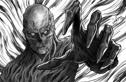  1boy 2022 angry bald closed_mouth commentary eldritch_abomination english_commentary evanscale fingernails foreshortening greyscale horror_(theme) male_focus monochrome monster monster_boy netflix no_nose sharp_fingernails stranger_things vecna_(stranger_things) white_background 