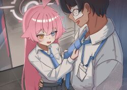  1boy 1girl absurdres ahoge blue_archive blue_eyes blue_necktie collared_shirt commentary halo heterochromia high_(hgih) highres hoshino_(blue_archive) long_hair necktie pink_hair sensei_(blue_archive) shirt skirt white_shirt yellow_eyes 