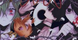  4boys alternate_color alternate_eye_color basil_(faraway)_(omori) basil_(headspace)_(omori) basil_(omori) black_sweater_vest black_tank_top blonde_hair blood blood_on_knife blue_eyes closed_mouth collared_shirt colored_skin commentary_request crying crying_with_eyes_open double-parted_bangs dual_persona flower green_hair hair_between_eyes hair_flower hair_ornament highres holding holding_knife kauchi_(kani10cauchi) knife looking_at_viewer male_focus multiple_boys omori omori_(omori) parted_lips plant red_eyes shirt short_hair sidelocks something_(omori) sunny_(omori) sweater_vest tank_top tears thorns twitter_username vines white_shirt white_skin 