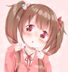  1girl bangs blush bow brown_hair bunny_hair_ornament buttons cardigan hair_bow hair_ornament heart heart-shaped_pupils highres holding_hair long_hair long_sleeves looking_at_viewer original pink_background red_eyes ribbon rima_(rimarip) solo star starry_background symbol-shaped_pupils twintails 