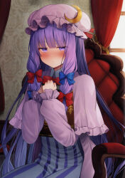  1girl absurdres blue_bow blunt_bangs blush book bow capelet chair closed_mouth crescent crescent_hat_ornament curtains dress hair_bow hat hat_ornament highres holding holding_book long_hair long_sleeves looking_at_viewer mob_cap patchouli_knowledge purple_capelet purple_dress purple_hair purple_hat red_bow sidelocks sitting solo striped_clothes third-party_source touhou usushio very_long_hair violet_eyes window 
