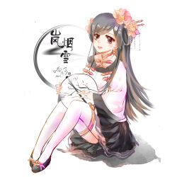  1girl absurdres beads black_hair black_shoes black_skirt character_name chinese_clothes chinese_text circle eyelashes flats flower full_body grey_eyes hair_beads hair_flower hair_ornament hair_rings hairpin hand_fan happy highres holding holding_fan light_blush long_hair long_sidelocks long_sleeves looking_at_viewer miniskirt miracle_nikki muriel_miaoke neck_ribbon nikki_(series) open_mouth peony_(flower) pink_flower pink_ribbon pleated_skirt ribbon shadow shirt shoes sidelocks signature simple_background skirt smile smoke solo straight_hair stylist_(nikki) teeth thigh-highs translation_request tuanshan upper_teeth_only variant_set very_long_hair white_background white_shirt white_thighhighs wide_sleeves 