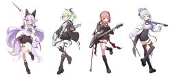  4girls :d :o absurdres ahoge aokumo_rin arm_up armpits band_(music) beret bike_shorts bike_shorts_under_skirt black_boots black_bow black_choker black_hat black_jacket black_leg_warmers black_shoes black_skirt black_socks black_sweater black_thighhighs blue_eyes boots bow bow_(music) character_name choker closed_mouth clothes_writing clothing_cutout commentary_request crop_top cropped_shirt detached_sleeves dot_nose drumsticks fang fishnets green_eyes green_hair grey_hair guitar gyeou_lee hair_bow hair_bun hair_ornament hairclip hanako_nana hands_up hat heterochromia high-waist_skirt highres holding holding_bow_(music) holding_drumsticks holding_instrument holding_microphone holding_violin instrument jacket kneehighs korean_commentary lace-up_boots leg_up leg_warmers long_hair long_sleeves looking_at_viewer low_twintails medium_hair microphone microphone_stand microskirt miniskirt multicolored_eyes multicolored_hair multiple_girls music o-ring o-ring_thigh_strap off-shoulder_sweater off_shoulder open_clothes open_jacket open_mouth orange_eyes parallel_hairclips parted_lips pencil_skirt pink_hair plaid_clothes plaid_skirt playing_guitar playing_instrument pleated_skirt ponytail print_shirt print_sweater purple_hair red_skirt shirt shoes short_hair short_sleeves shoulder_cutout simple_background single_bare_shoulder single_hair_bun single_off_shoulder skin_fang skirt smile socks split_mouth standing standing_on_one_leg stellive streaked_hair sweater tenko_shibuki thigh-highs thigh_strap torn_clothes torn_thighhighs twintails two-tone_eyes very_long_hair violin virtual_youtuber white_background white_shirt white_sweater yuzuha_riko 