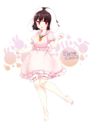  1girl 2018 animal_ears bare_legs barefoot carrot_necklace commentary_request dated dress furim highres inaba_tewi jewelry looking_at_viewer medium_hair necklace open_mouth pink_dress puffy_sleeves rabbit_ears rabbit_girl red_eyes solo toes touhou white_background 