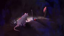  1other absurdres angela_he dark flower full_body glowing highres mouse_(animal) night non-web_source official_art planted planted_shovel rose scenery shovel solo stop_burying_me_alive_beautiful! walking_away wide_shot 