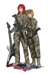  1boy 1girl a_song_of_ice_and_fire absurdres arm_hug assault_rifle azov_battalion beanie blonde_hair blue_hat boots brown_eyes camouflage camouflage_jacket camouflage_pants cargo_pants commission commissioner_upload couple death_(band) digital_camouflage electric_guitar flag_patch galician_division game_of_thrones green_eyes grzegorz1996 guitar gun hairband hand_in_pocket hat hetero highres holding holding_guitar holding_instrument holster instrument jacket kenneth_del_duca knee_pads ks-23 load_bearing_vest long_hair marichka military non-web_source open_mouth original pants red_hair rifle rubizh_regiment russian_flag russo-ukrainian_war serious shotgun smile tactical_gloves thigh_holster transparent_background tryzub uar-15 ukrainian_flag weapon z_(russian_symbol) 