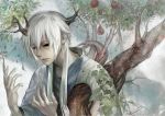  1boy artist_request grey_eyes grey_hair horns japanese_clothes long_hair missing_eye original tree white_hair youkai 