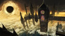  1girl above_clouds analog_clock angel_wings architecture brown_hair building clock clock_tower clouds commentary_request concept_art dress eclipse fantasy from_side gothic_architecture highres long_sleeves medium_hair original outdoors scenery solo somei_yoshinori stained_glass timestamp tower white_dress white_wings wide_shot wings 