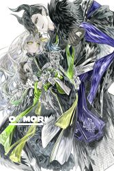  1boy 1girl artist_name asymmetrical_bangs black_hair black_hakama black_nails black_scales blunt_bangs cmoomori commentary_request commission couple dragon_horns fang frilled_shirt_collar frills fur_scarf furisode gloves green_eyes green_sash green_streaks green_trim grin hair_ornament hair_over_one_eye hair_over_shoulder hakama half_updo hand_on_another's_shoulder height_difference hetero highres holding_hands horns japanese_clothes juban kariginu kimono korean_commentary long_hair looking_at_another low_side_ponytail malleus_draconia malleus_draconia_(new_year's_attire) multicolored_hair obi obiage obidome obijime original pale_skin pointy_ears print_kimono purple_kimono raised_eyebrows sam's_new_year_sale sash sayagata see-through_clothes see-through_gloves sideways_glance simple_background slit_pupils smile streaked_hair twisted_wonderland two-tone_kimono waist_sash wavy_hair white_background white_hair 