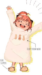  1girl ^_^ alternate_hairstyle animal_slippers anya_(spy_x_family) arms_up bear_slippers ben-day_dots blush brown_slippers child closed_eyes commentary_request dress fluffy_clothes full_body hair_bun hair_ornament hair_scrunchie hairpods happy highres long_sleeves open_mouth peanuts_omr pointing_out_the_details print_dress screentones scrunchie short_hair simple_background single_hair_bun slippers smile socks solo spy_x_family standing teeth upper_teeth_only white_background white_dress white_scrunchie white_socks 