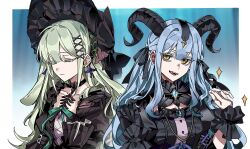  2girls animal_ears bang_dream! bang_dream!_it's_mygo!!!!! black_bonnet black_gloves black_horns black_ribbon black_wrist_cuffs blue_background blue_hair bonnet border chinese_commentary closed_mouth commentary_request curled_horns detached_collar floppy_ears gloves gothic_lolita green_hair hair_ornament hair_ribbon hands_up highres horns lolita_fashion long_hair looking_at_viewer multiple_girls ne2op open_mouth outside_border rabbit_ears rabbit_girl ribbon sidelocks single_glove smile sparkle togawa_sakiko togawa_sakiko_(master_of_melodia) two_side_up upper_body wakaba_mutsumi wakaba_mutsumi_(marionette's_id) white_border wrist_cuffs x_hair_ornament yellow_eyes 