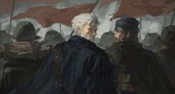  2boys 5others absurdres black_coat black_hat brown_hair cape character_request coat combat_helmet flag from_behind fur_hat grey_cape grey_sky hat helmet highres igor_(reverse:1999) lefthgir looking_at_viewer looking_back looking_to_the_side male_focus mature_male multiple_boys multiple_others old old_man profile reverse:1999 short_hair sky soldier turning_head upper_body white_beard white_hair 